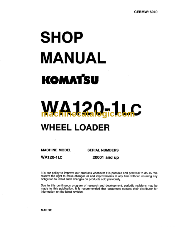 Komatsu WA120-1LC Wheel Loader Shop Manual (CEBMW16040)