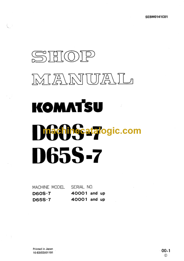 Komatsu D60S-7, D65S-7 Bulldozer Shop Manual (SEBM0141C01)