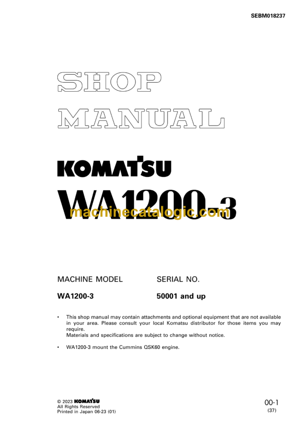 Komatsu WA1200-3 Wheel Loader Shop Manual (SEBM018237)