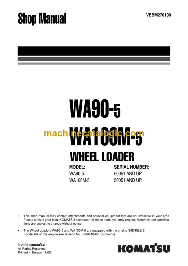 Komatsu WA90-5, WA100M-5 Wheel Loader Shop Manual (VEBM270100)