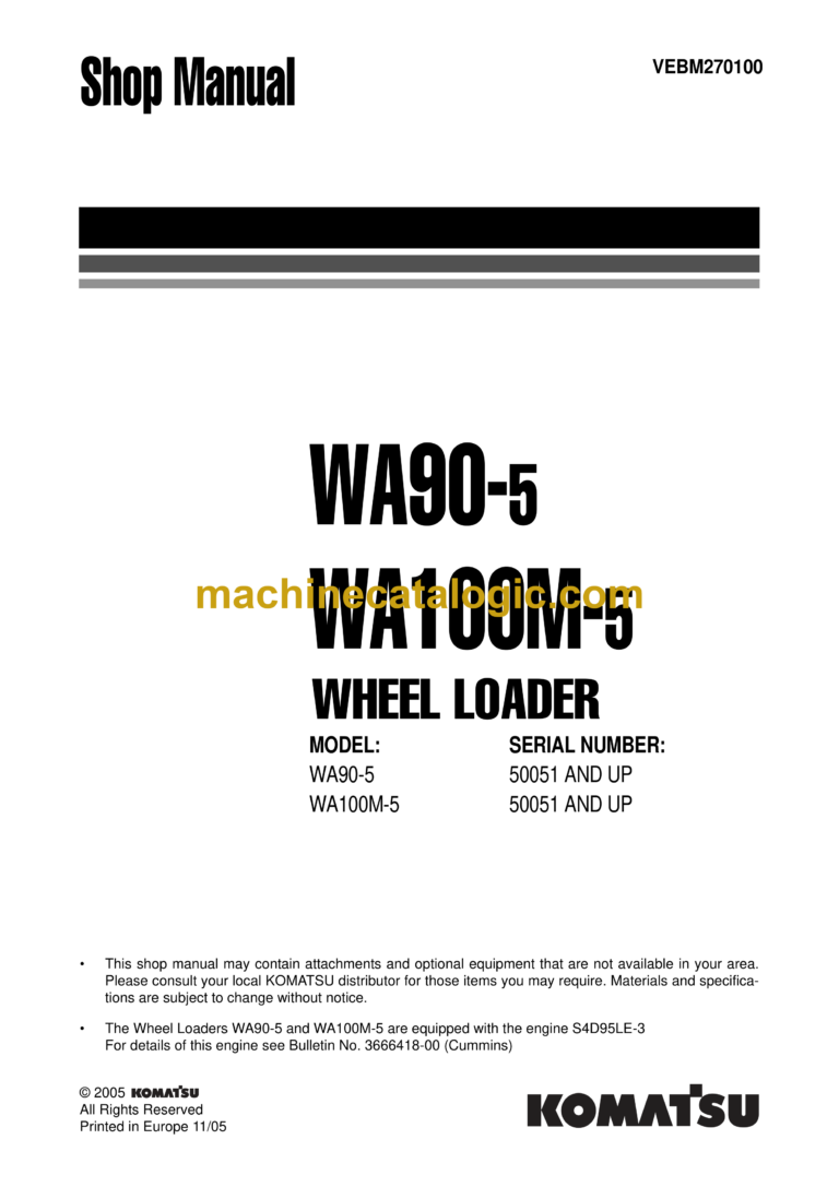 Komatsu WA90-5, WA100M-5 Wheel Loader Shop Manual (VEBM270100)