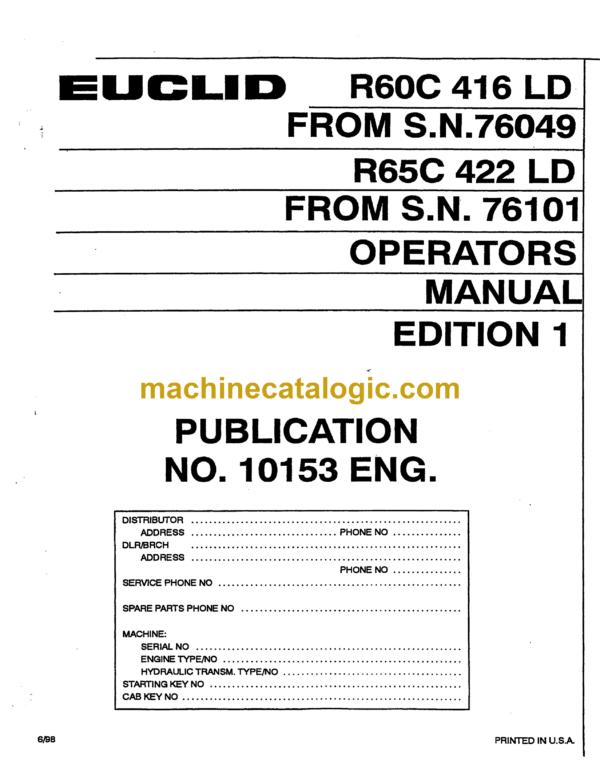 Hitachi R60C 416LD Dump Truck Operator's Manual (10153ENG)