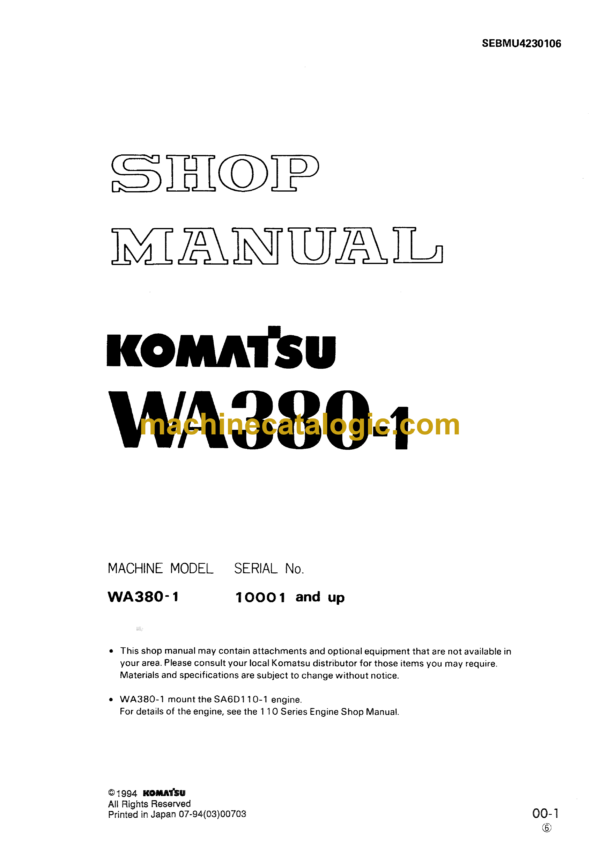 Komatsu WA380-1 Wheel Loader Shop Manual (SEBMU4230106)