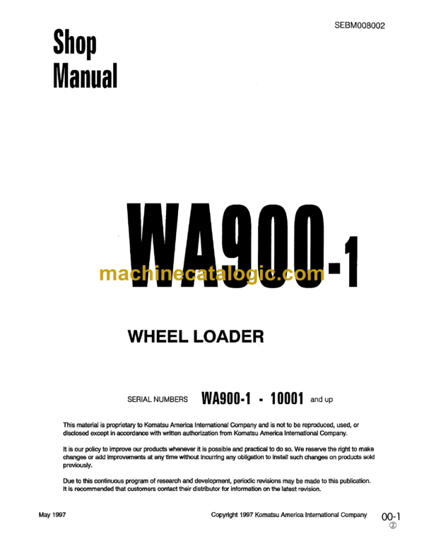 Komatsu WA900-1 Wheel Loader Shop Manual (SEBM008002)