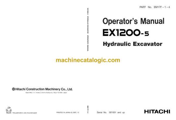 Hitachi EX1200-5 Hydraulic Excavator Operator's Manual (EM17F-1-4)