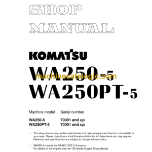 Komatsu WA250-5, WA250PT-5 Wheel Loader Shop Manual (SEBM033210)