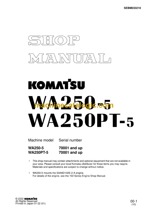 Komatsu WA250-5, WA250PT-5 Wheel Loader Shop Manual (SEBM033210)