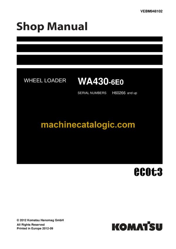 Komatsu WA430-6E0 Wheel Loader Shop Manual (VEBM948102)