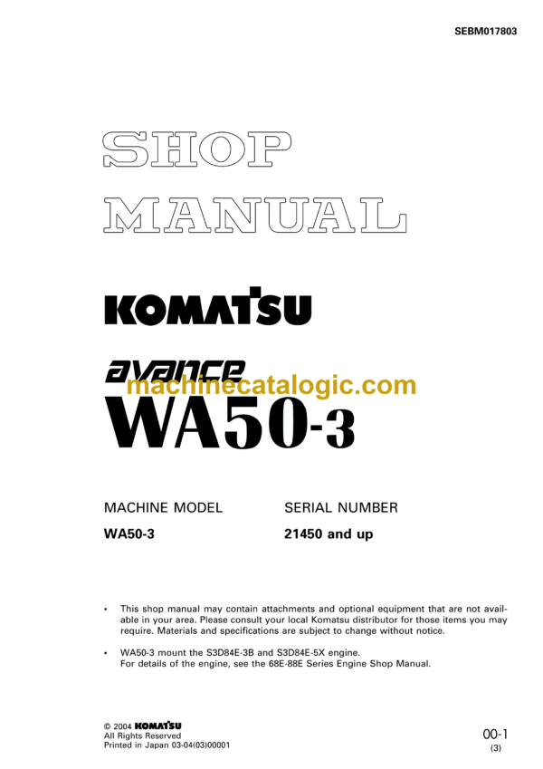 Komatsu WA50-3 Avance Wheel Loader Shop Manual (SEBM017803)