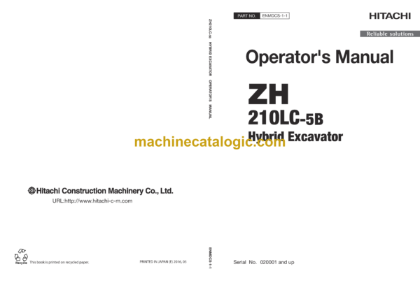 Hitachi ZH210LC-5B Hybrid Excavator Operator's Manual (ENMDCS-1-1, ENMDCS-1-2)