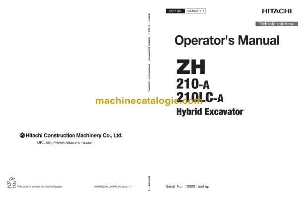 Hitachi ZH210-A, ZH210LC-A Hybrid Excavator Operator's Manual (ENMDCF-1-2)