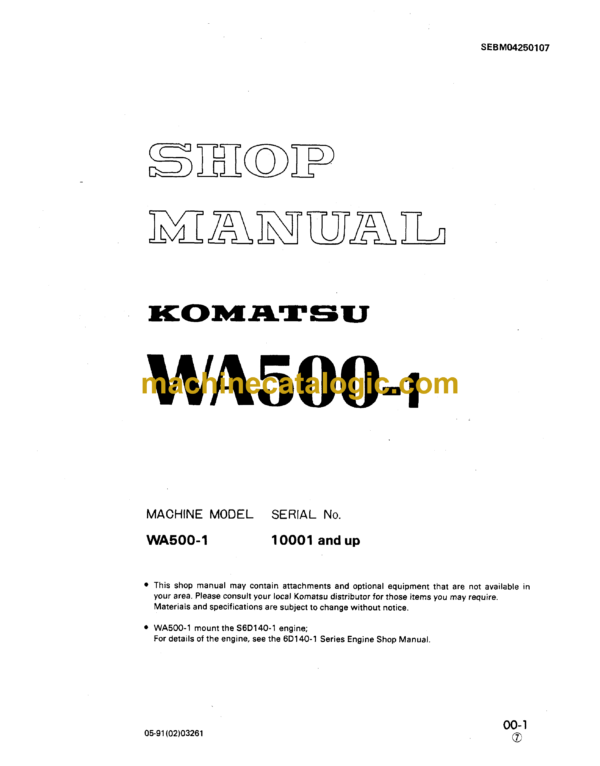 Komatsu WA500-1 Wheel Loader Shop Manual (SEBM04250107)