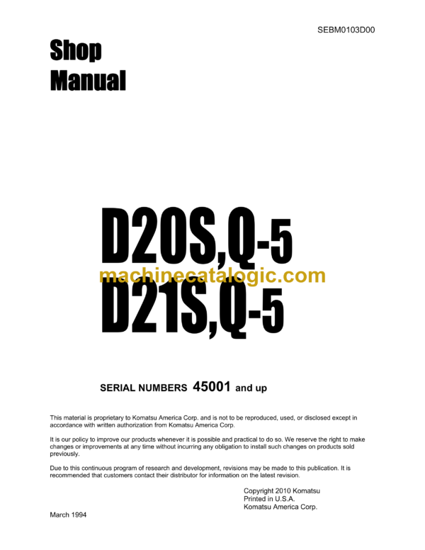 Komatsu D20S,Q-5 D21S,Q-5 Bulldozer Shop Manual (SEBM0103D00)