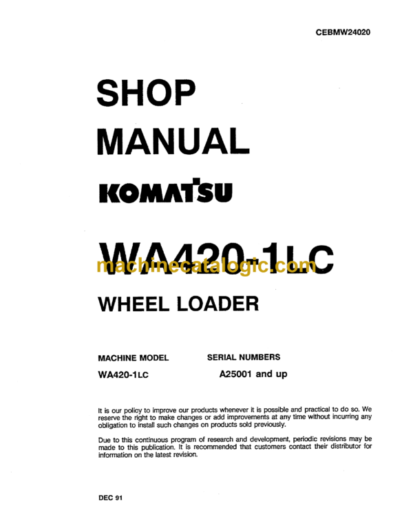 Komatsu WA420-1LC Wheel Loader Shop Manual (CEBMW24020)