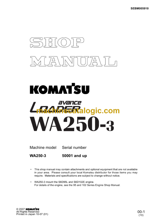 Komatsu WA250-3 Avance Loader Wheel Loader Shop Manual (SEBM005910)