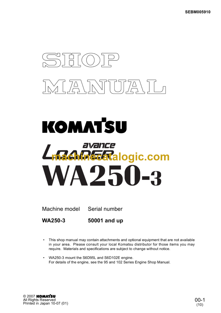 Komatsu WA250-3 Avance Loader Wheel Loader Shop Manual (SEBM005910)