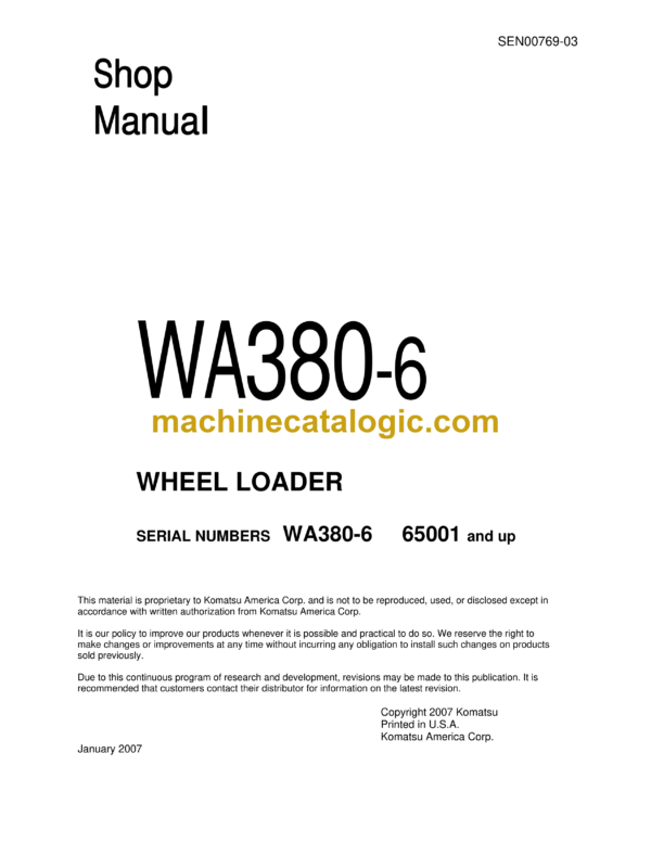 Komatsu WA380-6 Wheel Loader Shop Manual (SEN00769-03)