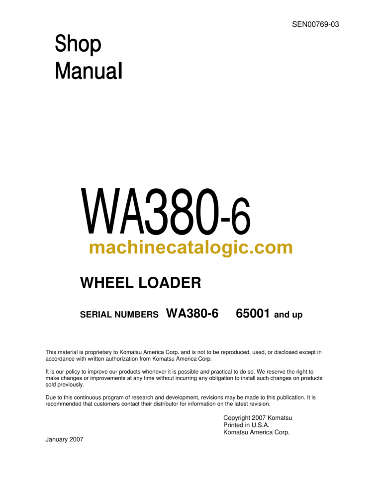 Komatsu WA380-6 Wheel Loader Shop Manual (SEN00769-03)