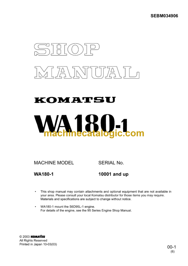 Komatsu WA180-1 Wheel Loader Shop Manual (SEBM034906)