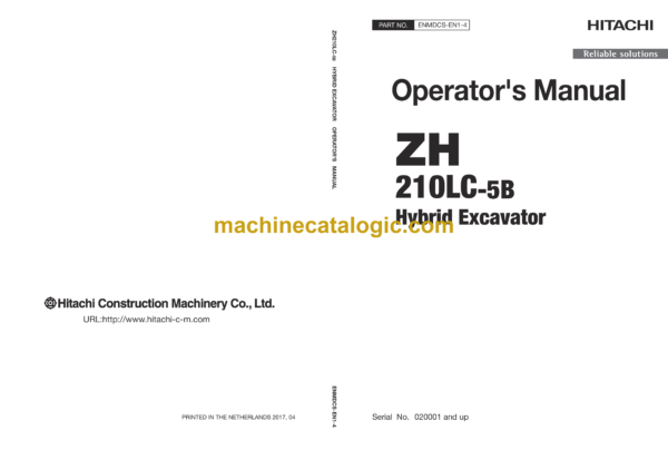 Hitachi ZH210LC-5B Hybrid Excavator Operator's Manual (ENMDCS-EN1-1, ENMDCS-EN1-2, ENMDCS-EN1-3, ENMDCS-EN1-4)