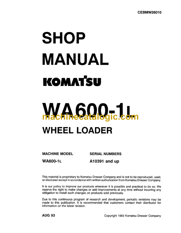 Komatsu WA600-1L Wheel Loader Shop Manual (CEBMW26010)