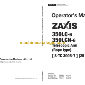 Hitachi ZX350LC-6 ZX350LCN-6 Telescopic Arm (Rope Type) 25m and 30m Operator's Manual (ENMDDQ-RTBH1-1, ENMDDQ-RTOP1-1, ENMDDQ-RTOP1-2, ENMDDQ-RTOP1-3, ENMDDQ-RTOP1-4)