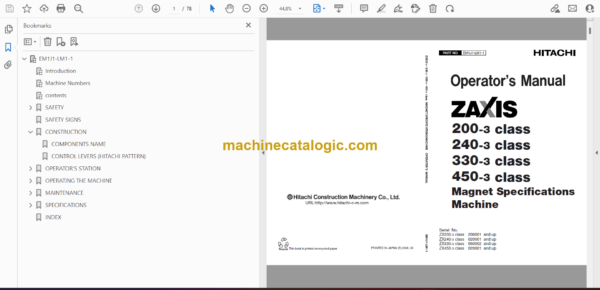 Hitachi ZX200-3class,ZX240-3class,ZX330-3class,ZX450-3class Magnet Specifications Machine Operator's Manual (EM1J1-LM1-1) - Image 2