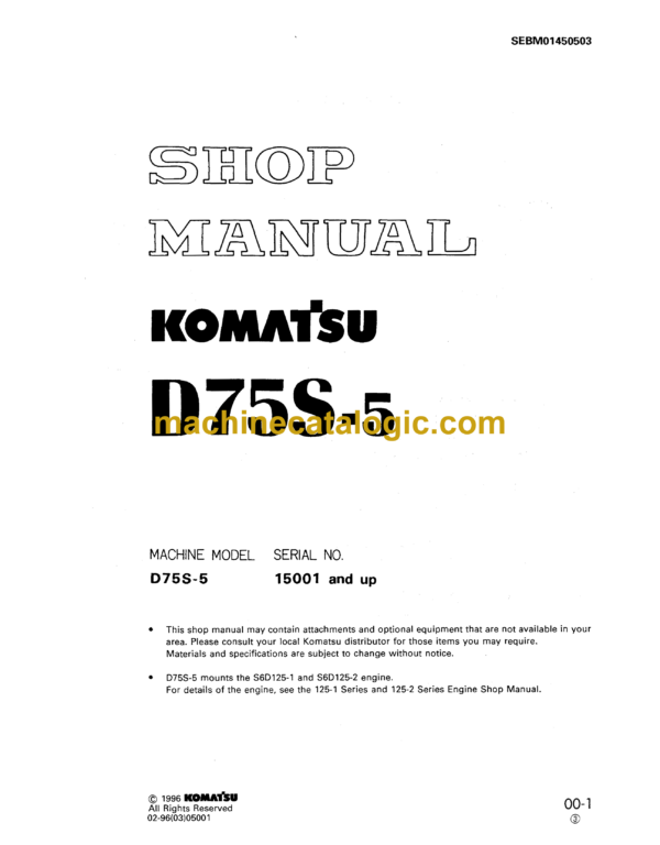 Komatsu D75S-5 Bulldozer Shop Manual (SEBM01450503)