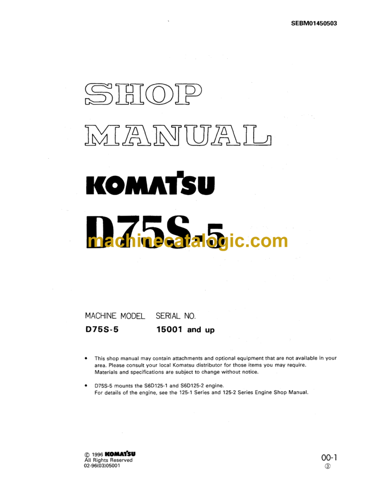 Komatsu D75S-5 Bulldozer Shop Manual (SEBM01450503)