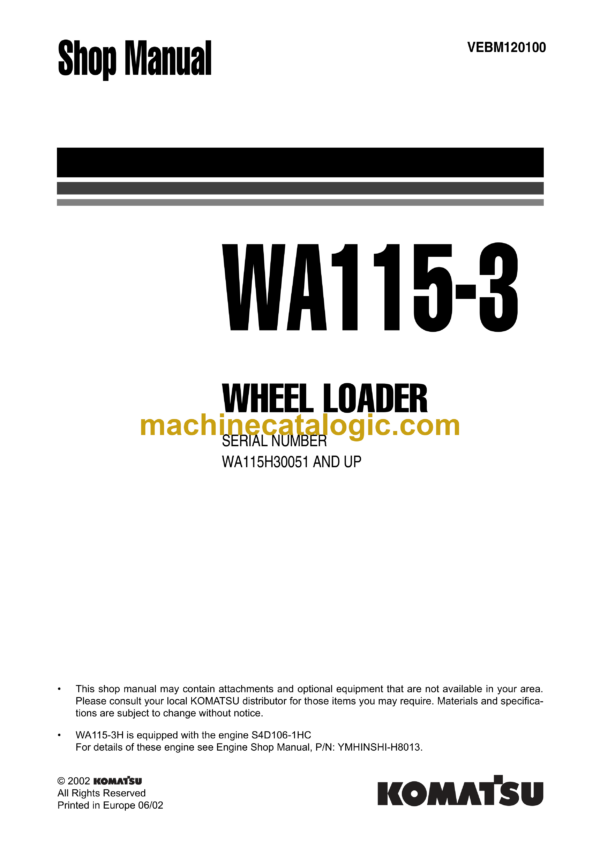 Komatsu WA115-3 Wheel Loader Shop Manual (VEBM120100)