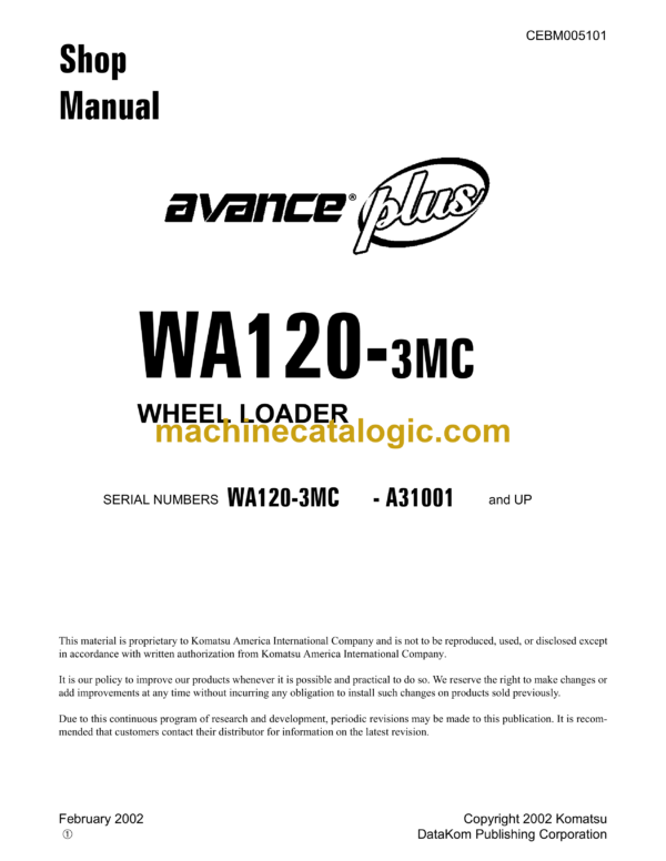 Komatsu WA120-3MC Avance Plus Wheel Loader Shop Manual (CEBM005101)