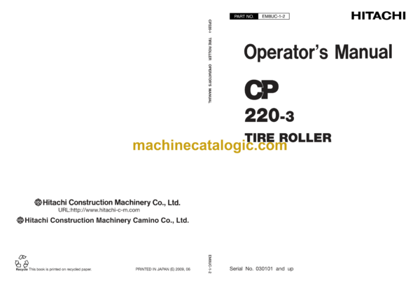 Hitachi CP220-3 Tire Roller Operator's Manual (EM8UC-1-2, EM8UC-1-3, EM8UC-1-4, EM8UC-1-5)