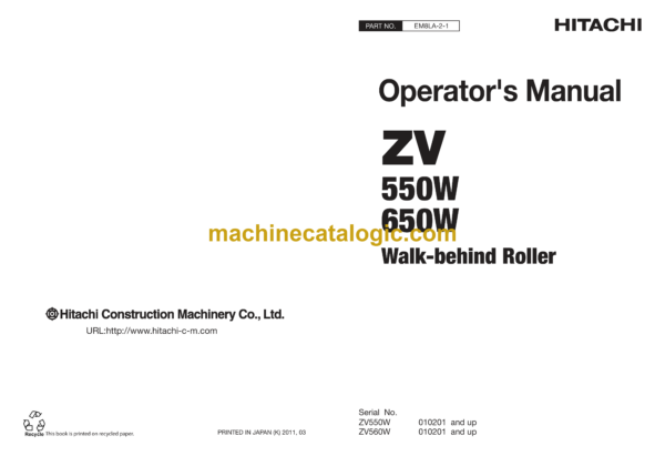 Hitachi ZV550W, ZV650W Walk-Behind Roller Operator's Manual (EM8LA-2-1)