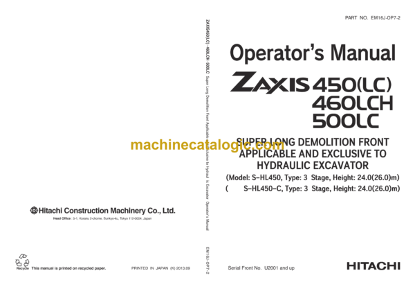 Hitachi ZX450, ZX450LC, ZX460LCH, ZX500LC Excavator Operator's Manual (EM16J-OP7-2)