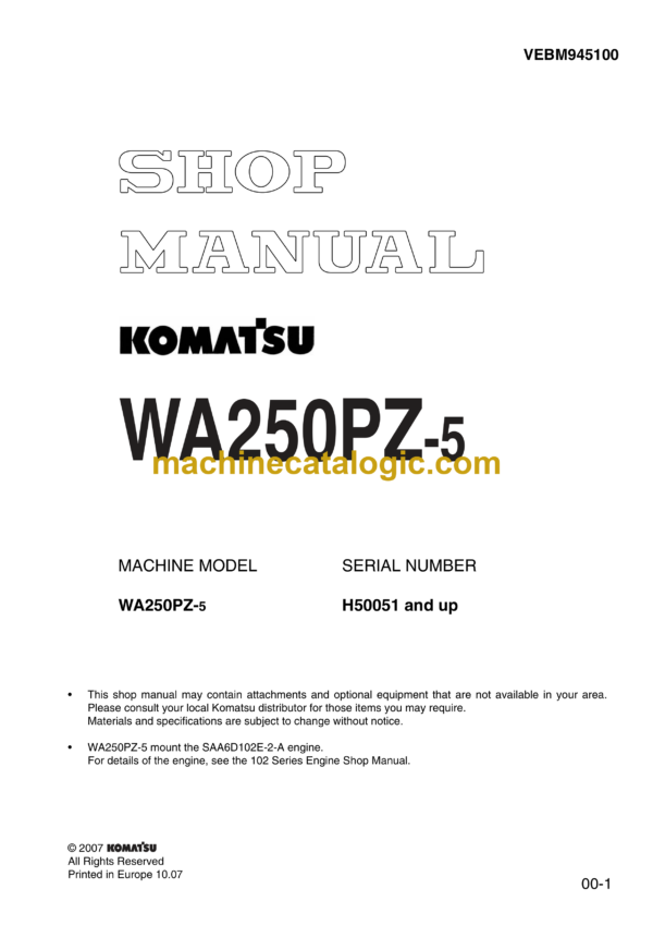 Komatsu WA250PZ-5 Wheel Loader Shop Manual (VEBM945100)