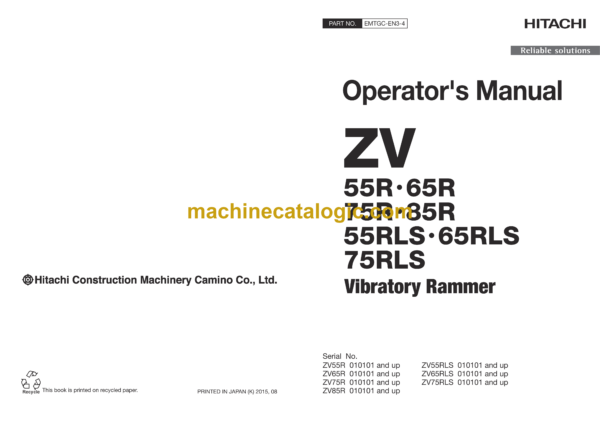 Hitachi ZV55R, ZV65R, ZV75R, ZV85R, ZV55RLS, ZV65RLS, ZV75RLS Vibratory Rammer Operator's Manual (EMTGC-EN3-4)