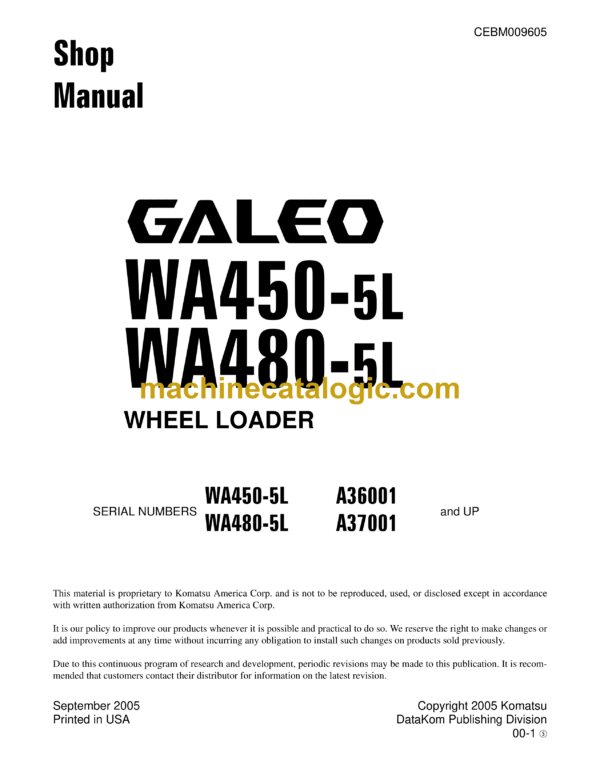 aKomatsu WA450-5L, WA480-5L Galeo Wheel Loader Shop Manual (CEBM009605)