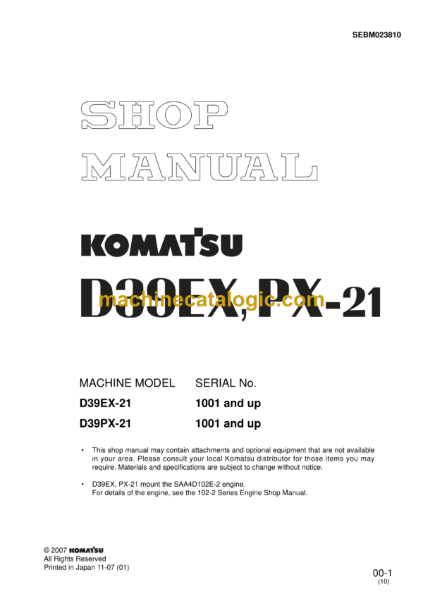 Komatsu D39EX-21, D39PX-21 Bulldozer Shop Manual (SEBM023810)