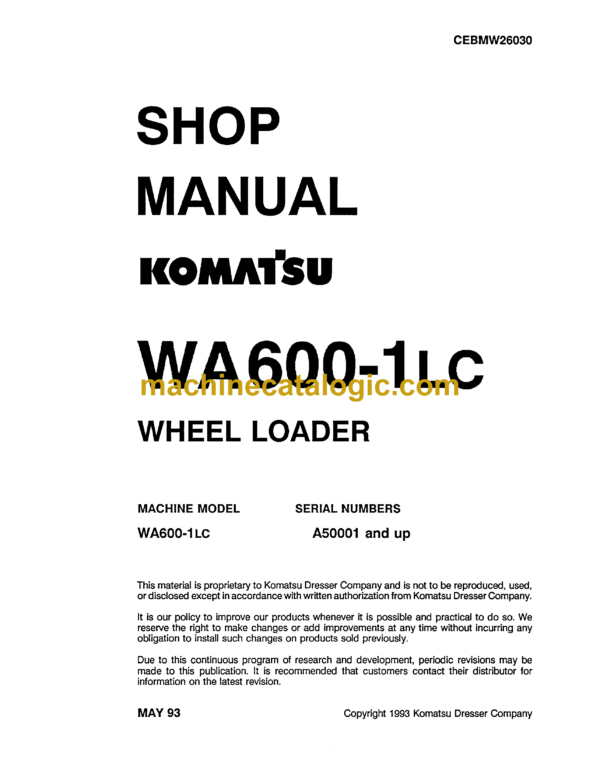 Komatsu WA600-1LC Wheel Loader Shop Manual (CEBMW26030)