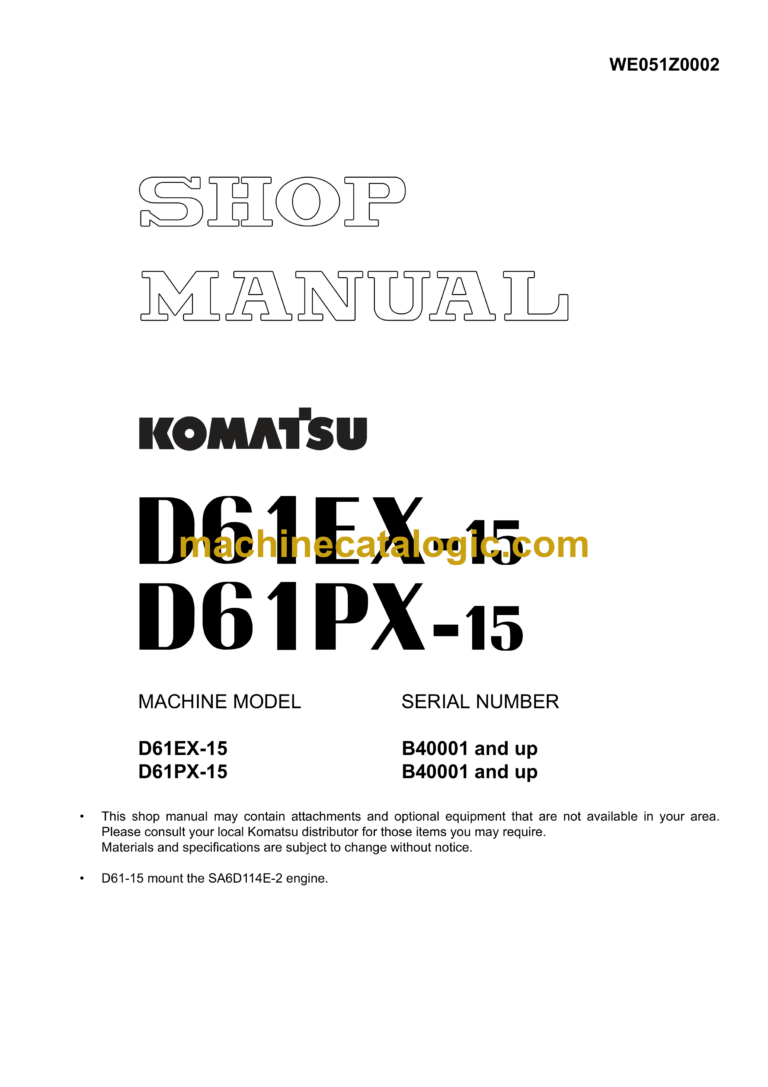 Komatsu D61EX-15 D61PX-15 Bulldozer Shop Manual (WE051Z0002)