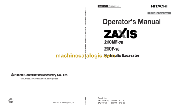 Hitachi ZX210MF-7G, ZX210F-7G Hydraulic Excavator Operator's Manual (ENMDJK-1-1)