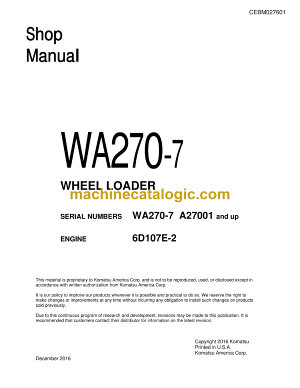 Komatsu WA270-7 Wheel Loader Shop Manual (CEBM027601)