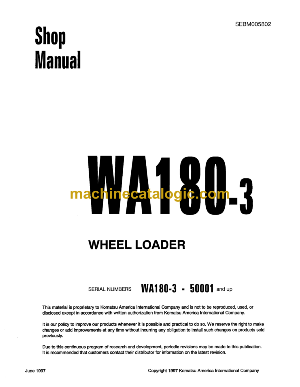 Komatsu WA180-3 Wheel Loader Shop Manual (SEBM005802)