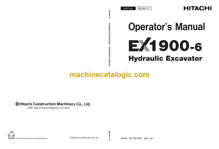 Hitachi EX1900-6 Hydraulic Excavator Operator's Manual (EM18K-1-2 to EM18K-1-8)