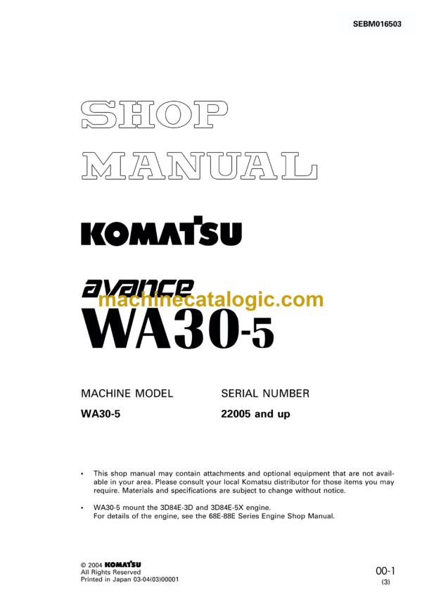 Komatsu WA30-5 Avance Wheel Loader Shop Manual (SEBM016503)