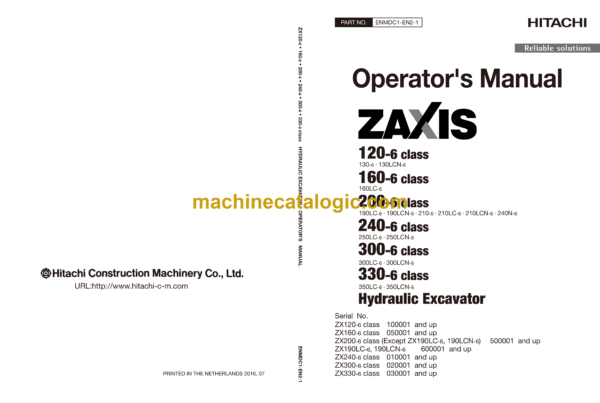 Hitachi ZX120-6 ZX160-6 ZX200-6 ZX240-6 ZX300-6 ZX330-6 class Hydraulic Excavator Operator's Manual (ENMDC1-EN2-1 to ENMDC1-EN2-8)