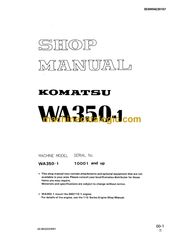 Komatsu WA350-1 Wheel Loader Shop Manual (SEBM04230107)