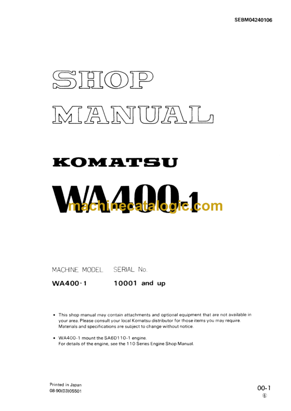 Komatsu WA400-1 Wheel Loader Shop Manual (SEBM0424106)