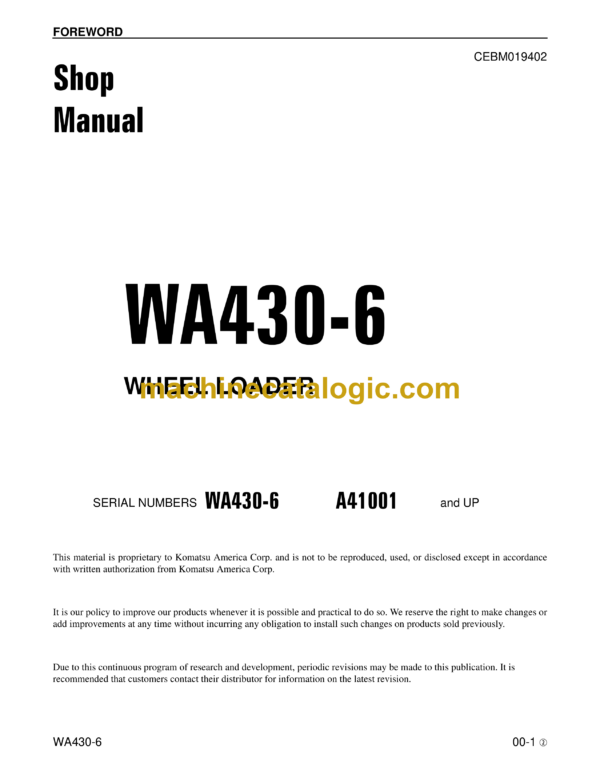 Komatsu WA430-6 Wheel Loader Shop Manual (CEBM019402)