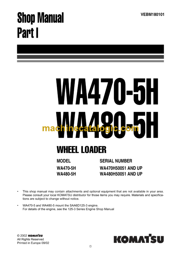 Komatsu WA470-5H, WA480-5H Wheel Loader Shop Manual (VEBM180101)